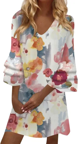 Women's Casual Boho Dress 2025 Spring Summer Loose V Neck 3/4 Bell Sleeve Flowy Beach Vacation Dresses