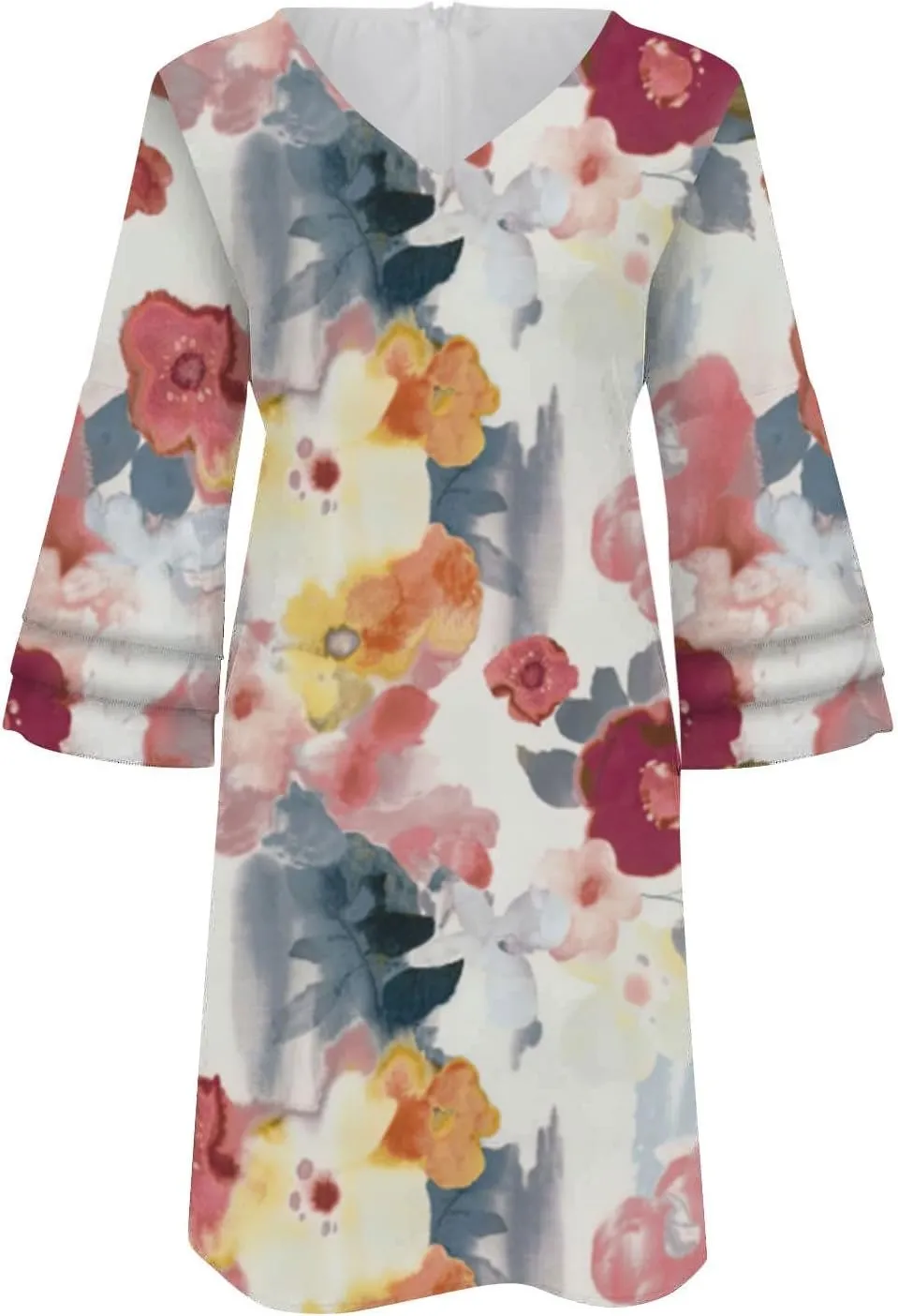Women's Casual Boho Dress 2025 Spring Summer Loose V Neck 3/4 Bell Sleeve Flowy Beach Vacation Dresses