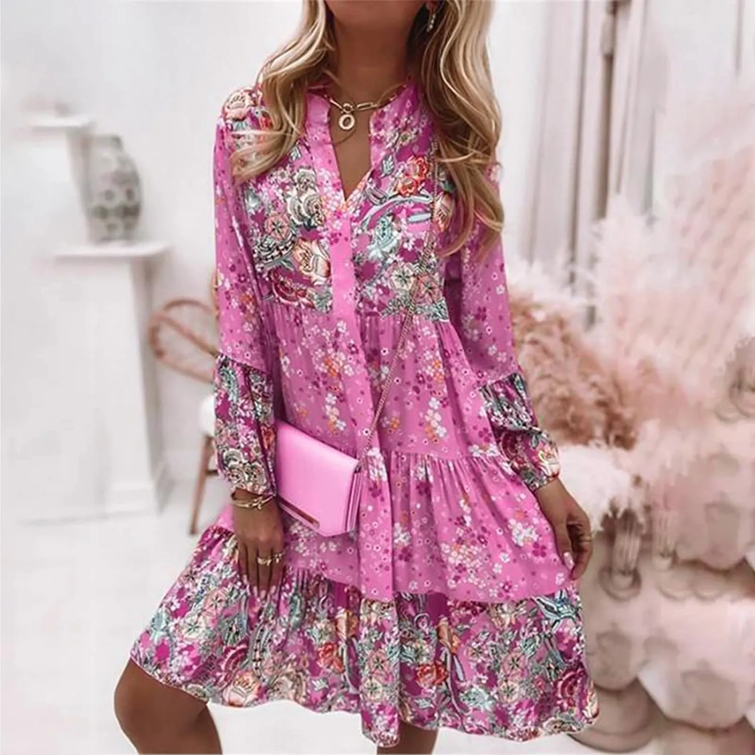 Womens Casual Boho Ethnic Dresses 2025 V Neck Vintage Floral Printed Ruffle Long Sleeve Dress Trendy Mini Sundress