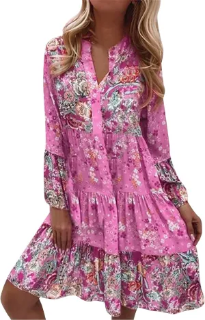 Womens Casual Boho Ethnic Dresses 2025 V Neck Vintage Floral Printed Ruffle Long Sleeve Dress Trendy Mini Sundress