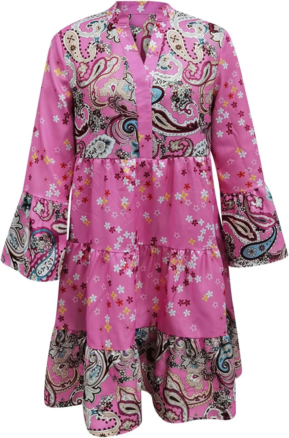 Womens Casual Boho Ethnic Dresses 2025 V Neck Vintage Floral Printed Ruffle Long Sleeve Dress Trendy Mini Sundress