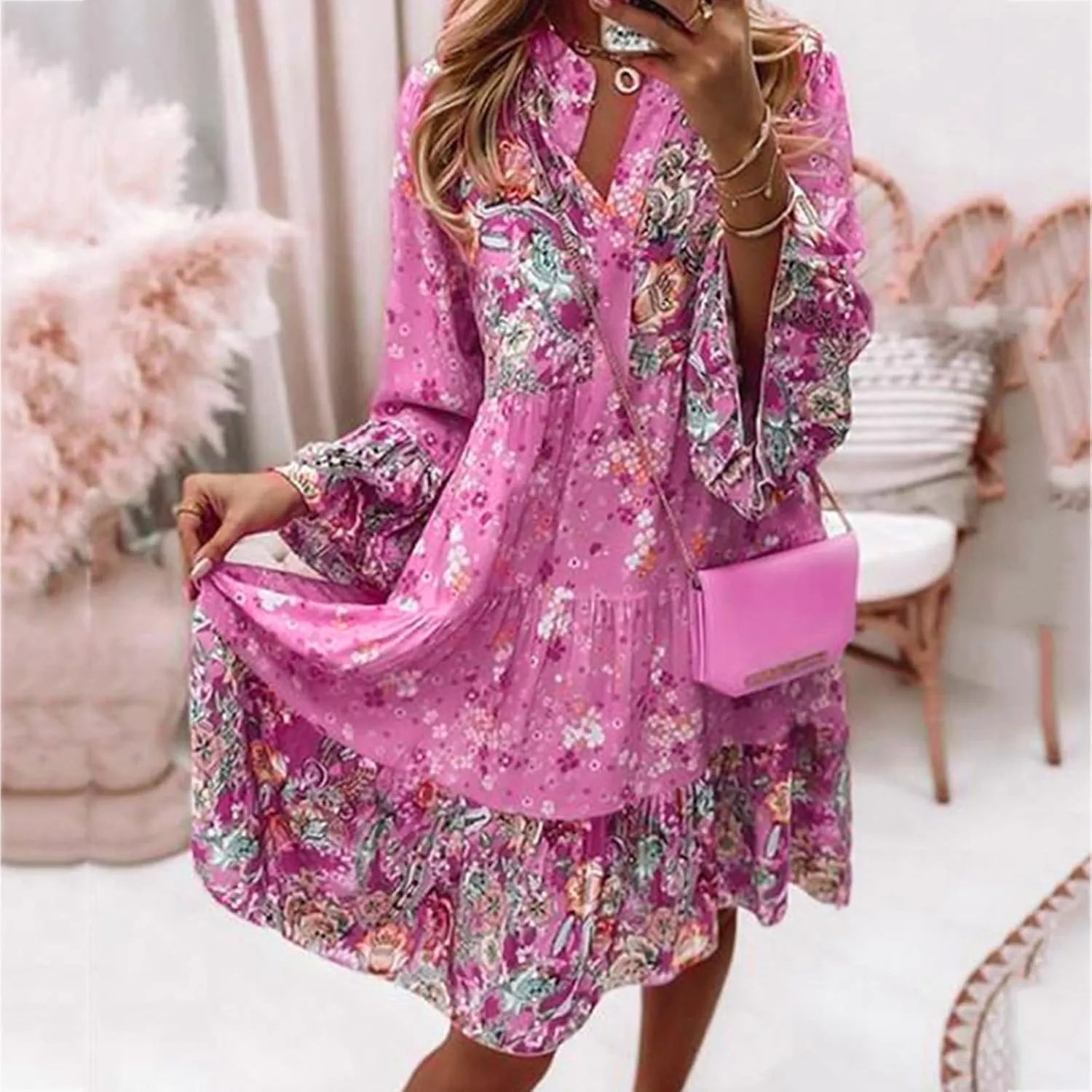 Womens Casual Boho Ethnic Dresses 2025 V Neck Vintage Floral Printed Ruffle Long Sleeve Dress Trendy Mini Sundress