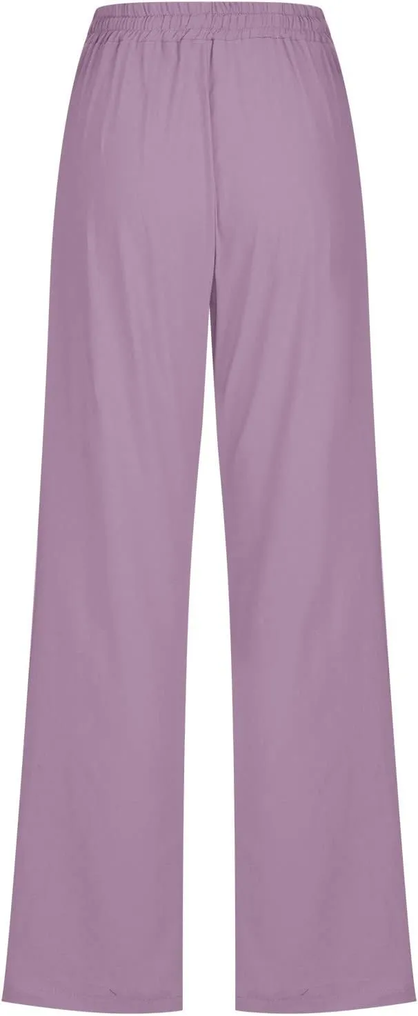 Womens Casual Comfy Linen Pants Solid Elastic Loose Cotton Pants Straight Wide Leg Trousers Summer Lightweight Pants