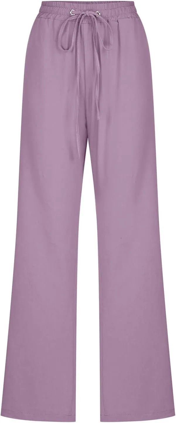 Womens Casual Comfy Linen Pants Solid Elastic Loose Cotton Pants Straight Wide Leg Trousers Summer Lightweight Pants