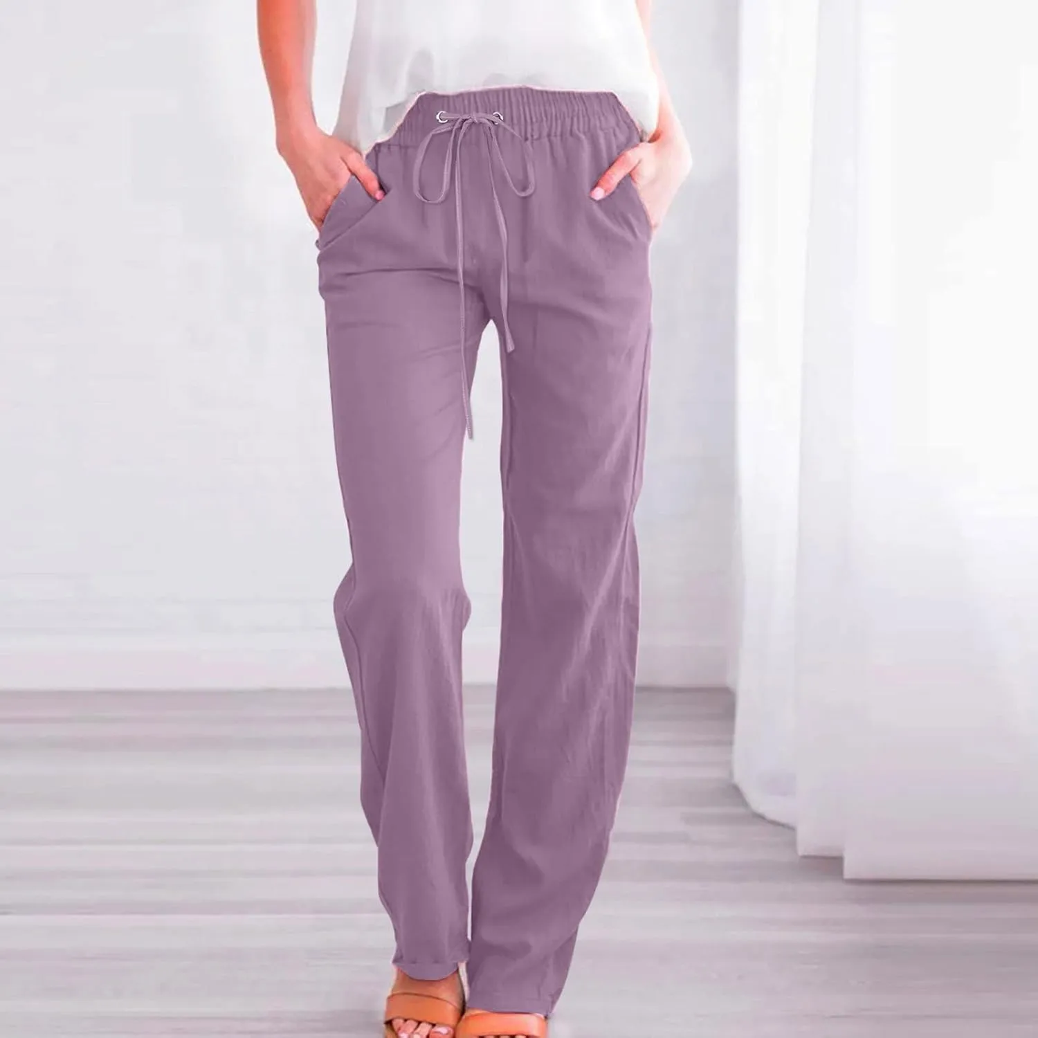 Womens Casual Comfy Linen Pants Solid Elastic Loose Cotton Pants Straight Wide Leg Trousers Summer Lightweight Pants