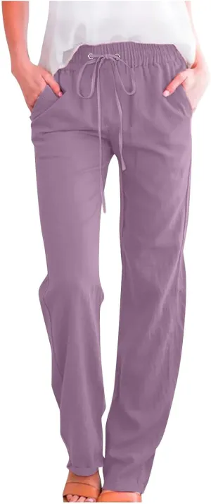 Womens Casual Comfy Linen Pants Solid Elastic Loose Cotton Pants Straight Wide Leg Trousers Summer Lightweight Pants