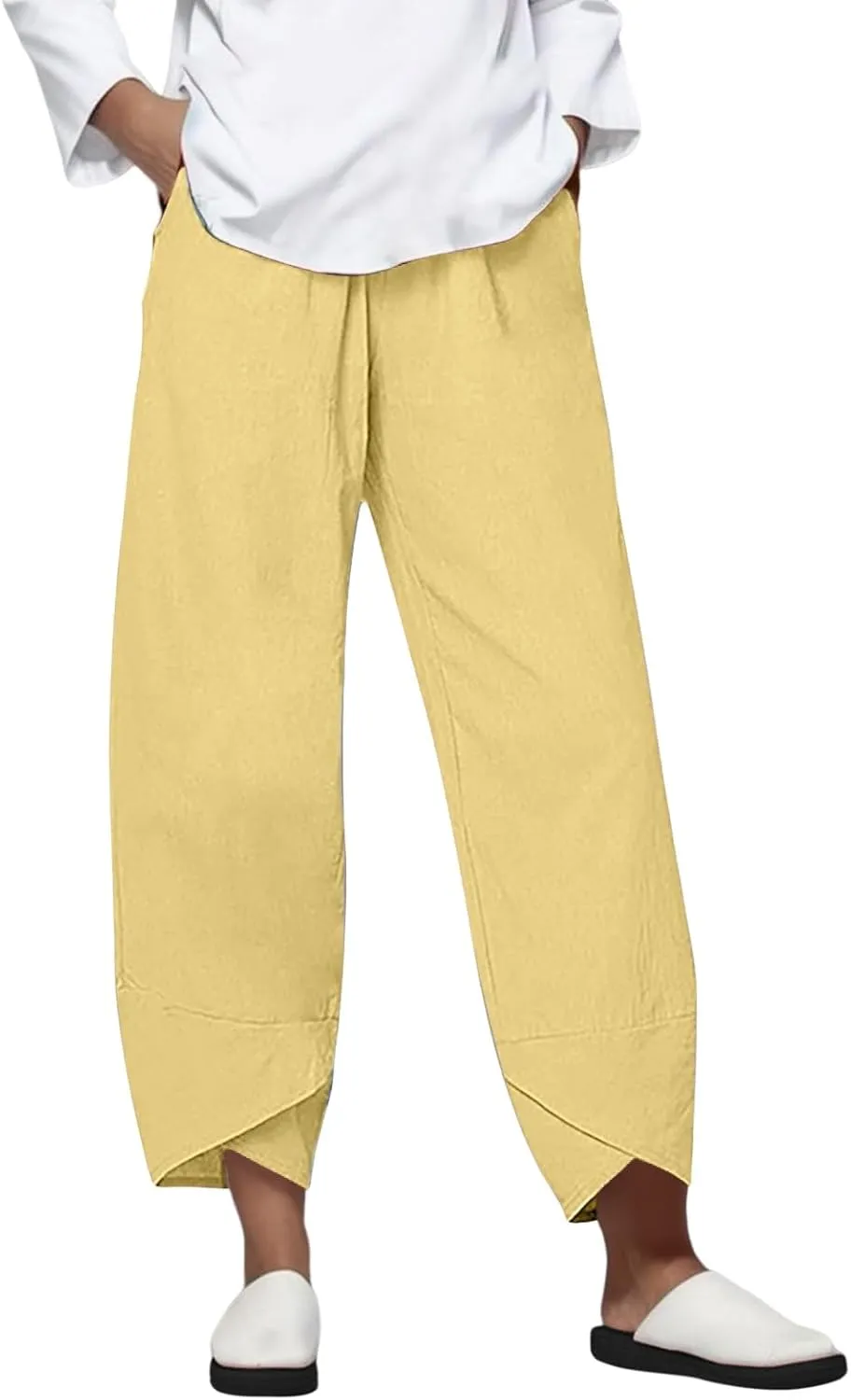 Womens Casual Cotton Linen Pants Lightweight Comfy Drawstring Loose Beach Palazzo Harem Capri Pants Trousers with Pockets