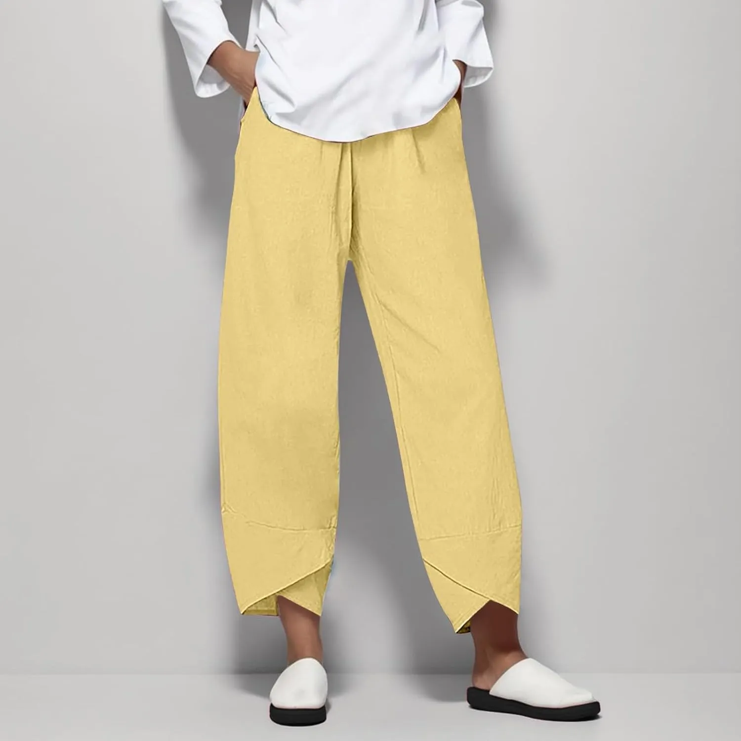 Womens Casual Cotton Linen Pants Lightweight Comfy Drawstring Loose Beach Palazzo Harem Capri Pants Trousers with Pockets