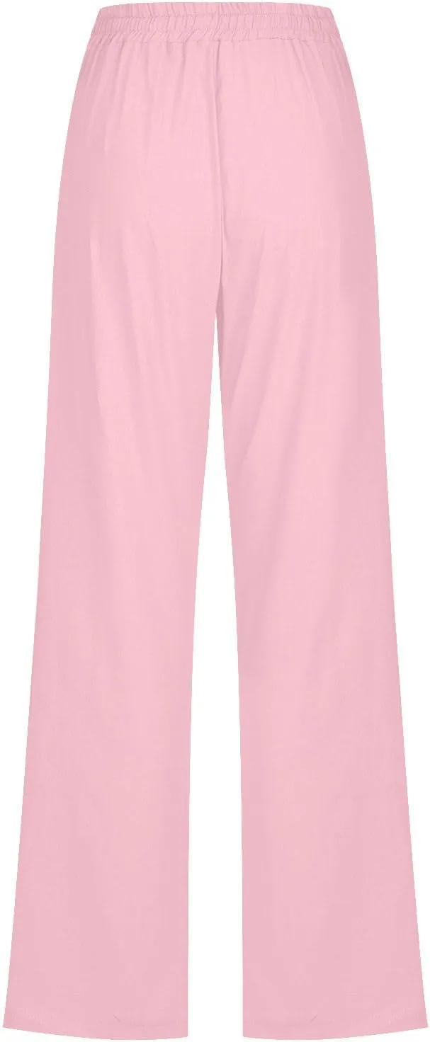 Women's Casual Cotton Linen Pants Summer Relax Fit Elastic Waist Straight Leg Comfy Solid Color Lounge Long Trouser