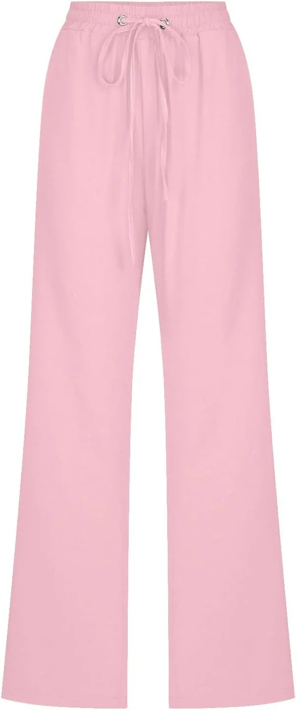 Women's Casual Cotton Linen Pants Summer Relax Fit Elastic Waist Straight Leg Comfy Solid Color Lounge Long Trouser