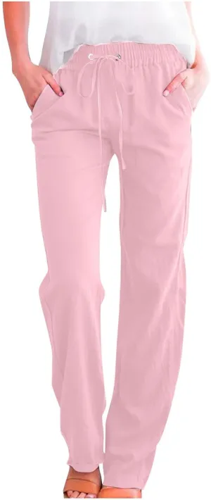 Women's Casual Cotton Linen Pants Summer Relax Fit Elastic Waist Straight Leg Comfy Solid Color Lounge Long Trouser