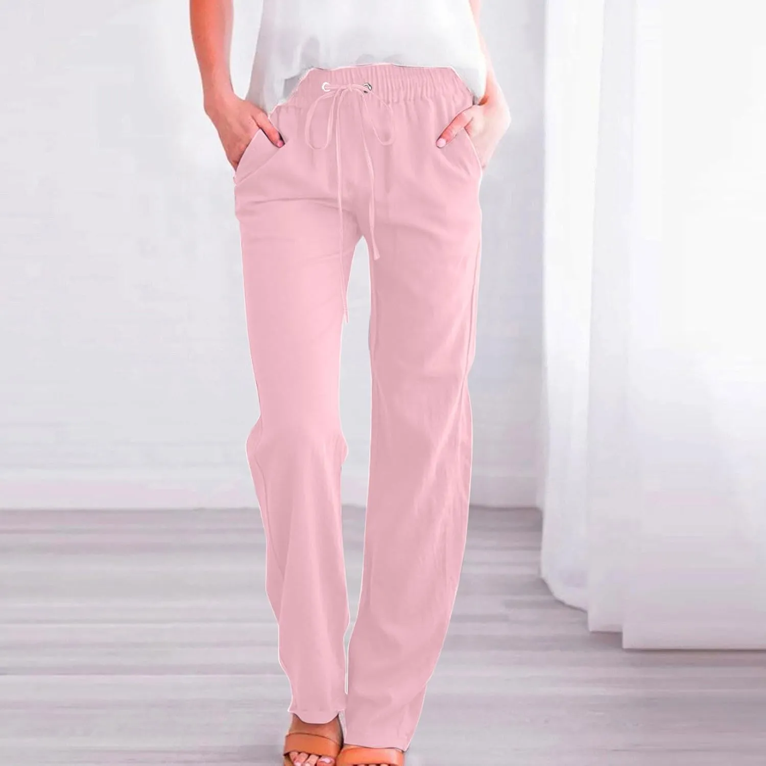 Women's Casual Cotton Linen Pants Summer Relax Fit Elastic Waist Straight Leg Comfy Solid Color Lounge Long Trouser