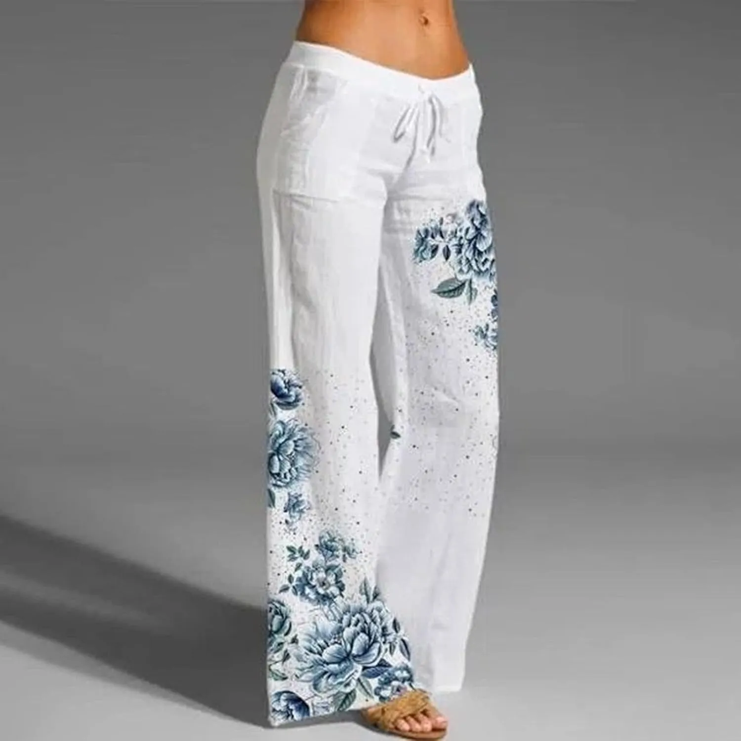 Women's Casual High Waist Pants Linen Boho Floral Wide Leg Lightweight Lounge Pant Flowy Summer Beach Cool Trousers