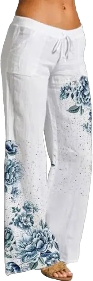Women's Casual High Waist Pants Linen Boho Floral Wide Leg Lightweight Lounge Pant Flowy Summer Beach Cool Trousers