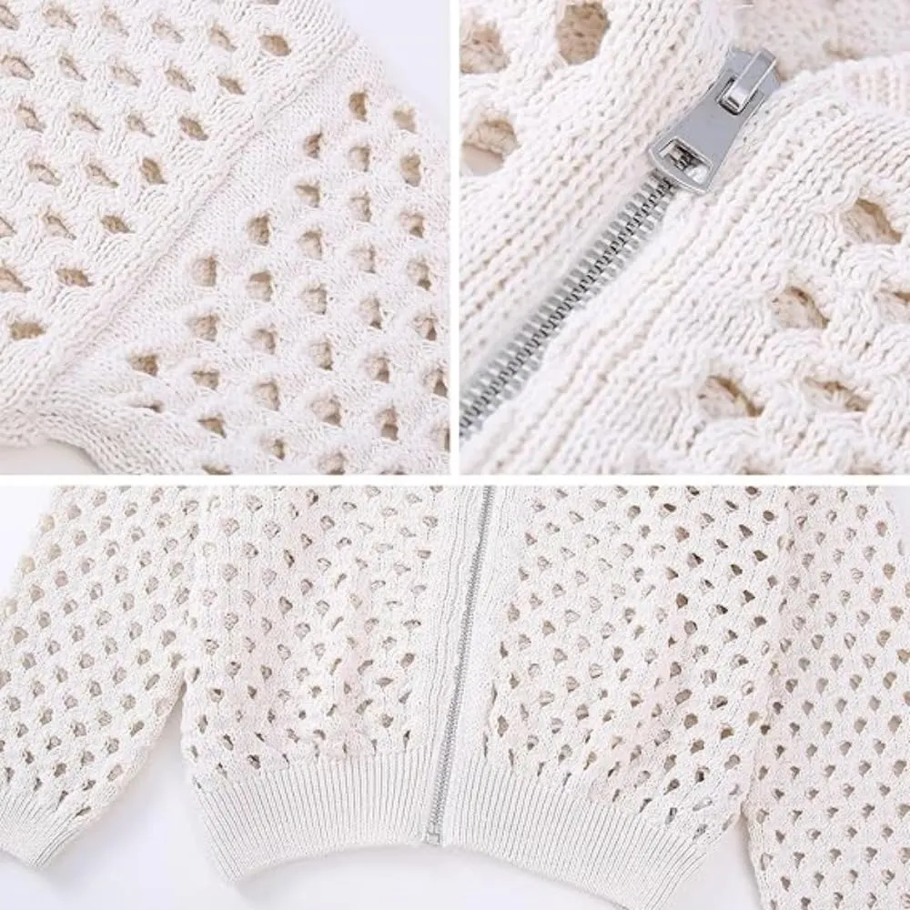 Women's Casual Hollow Knitwear Zipper Jacket, Crochet Fishnet Knit Shawl Sweater Jacket Lightweight Cardigan Sweater
