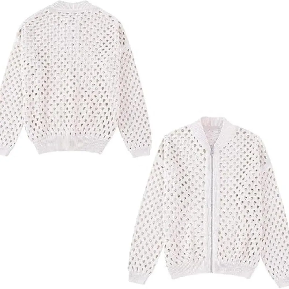 Women's Casual Hollow Knitwear Zipper Jacket, Crochet Fishnet Knit Shawl Sweater Jacket Lightweight Cardigan Sweater