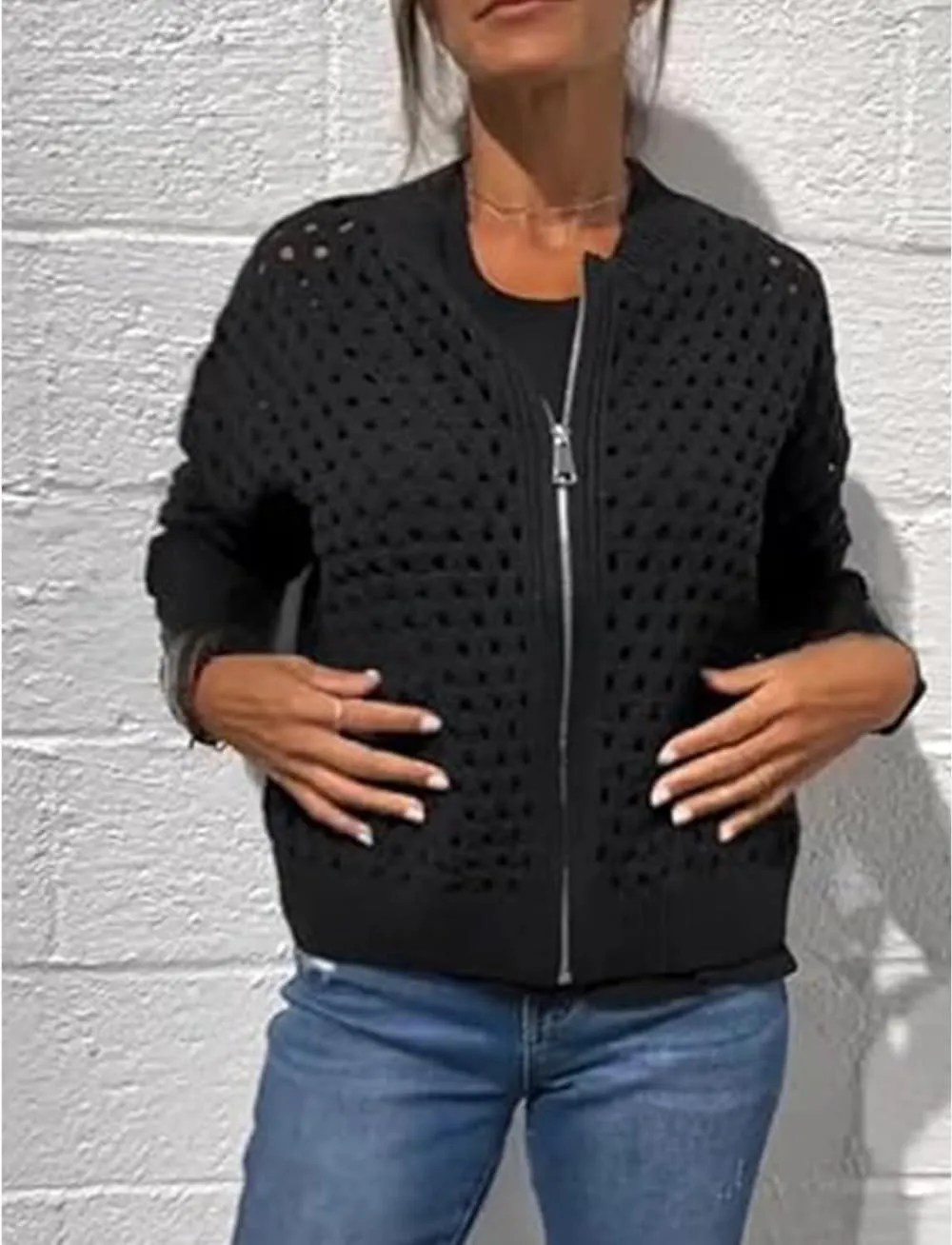 Women's Casual Hollow Knitwear Zipper Jacket, Crochet Fishnet Knit Shawl Sweater Jacket Lightweight Cardigan Sweater