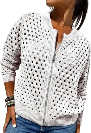 Women's Casual Hollow Knitwear Zipper Jacket, Crochet Fishnet Knit Shawl Sweater Jacket Lightweight Cardigan Sweater