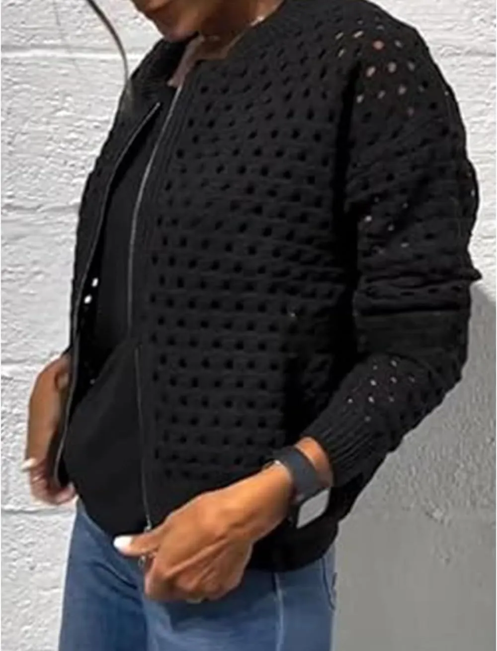 Women's Casual Hollow Knitwear Zipper Jacket, Crochet Fishnet Knit Shawl Sweater Jacket Lightweight Cardigan Sweater