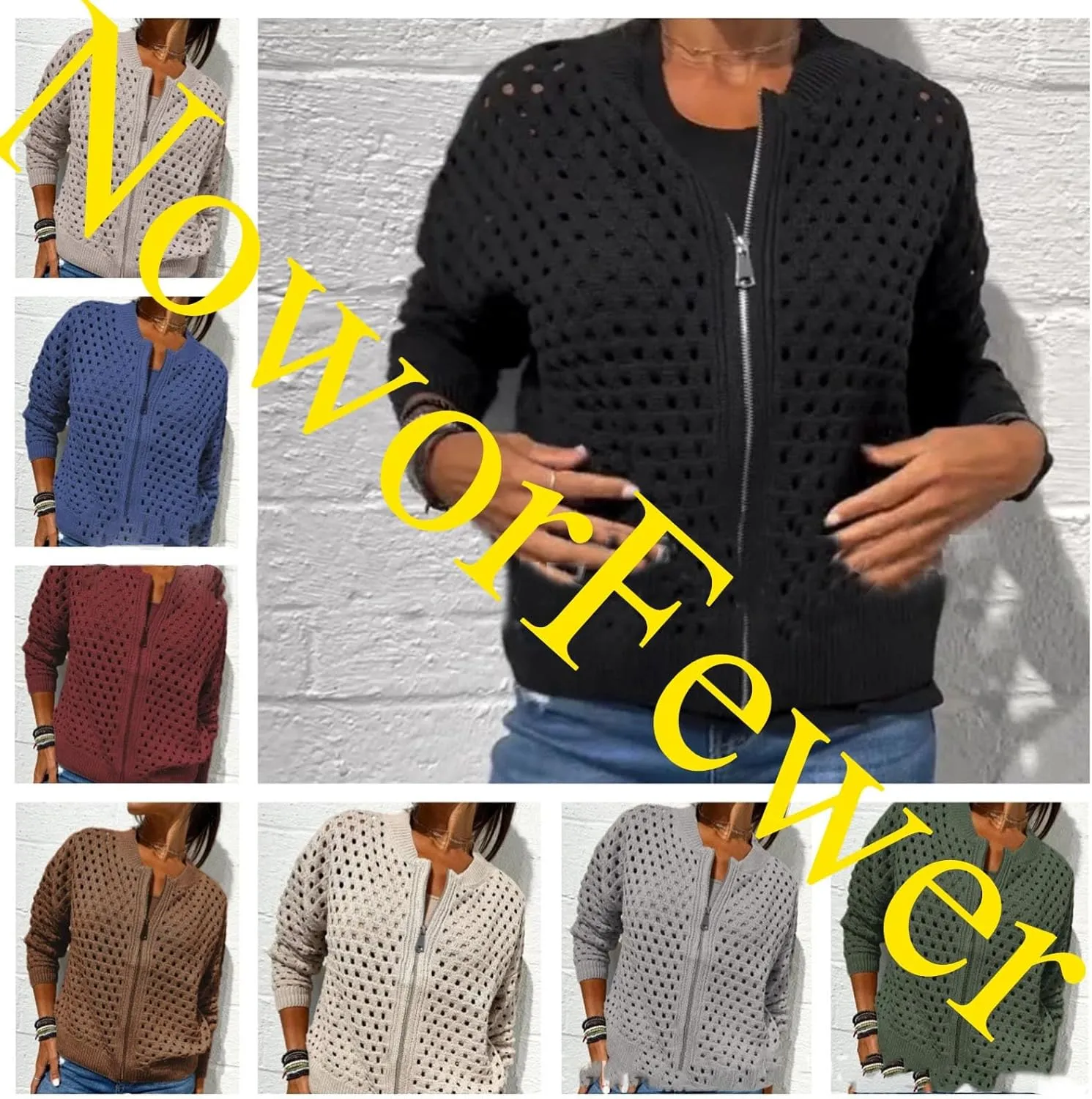 Women's Casual Hollow Knitwear Zipper Jacket,Crochet Jackets for Women Open Front Long Sleeve Cardigan Sweater