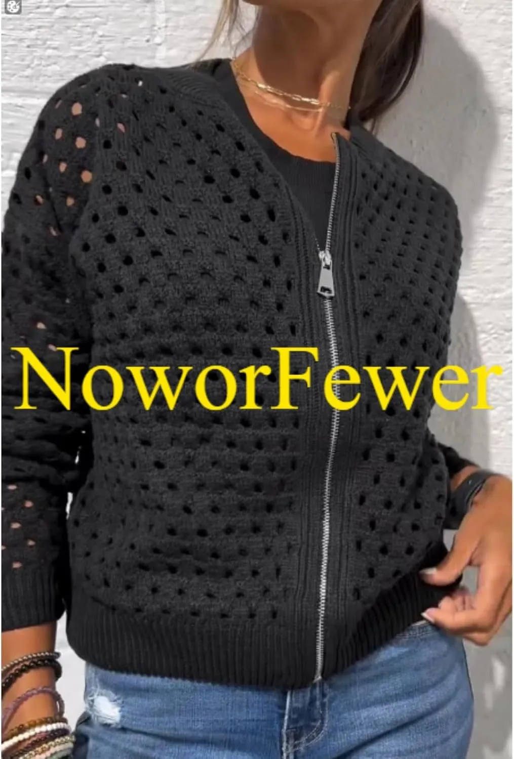Women's Casual Hollow Knitwear Zipper Jacket,Crochet Jackets for Women Open Front Long Sleeve Cardigan Sweater