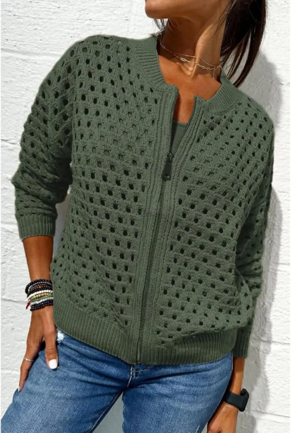 Women's Casual Hollow Knitwear Zipper Jacket,Crochet Jackets for Women Open Front Long Sleeve Cardigan Sweater