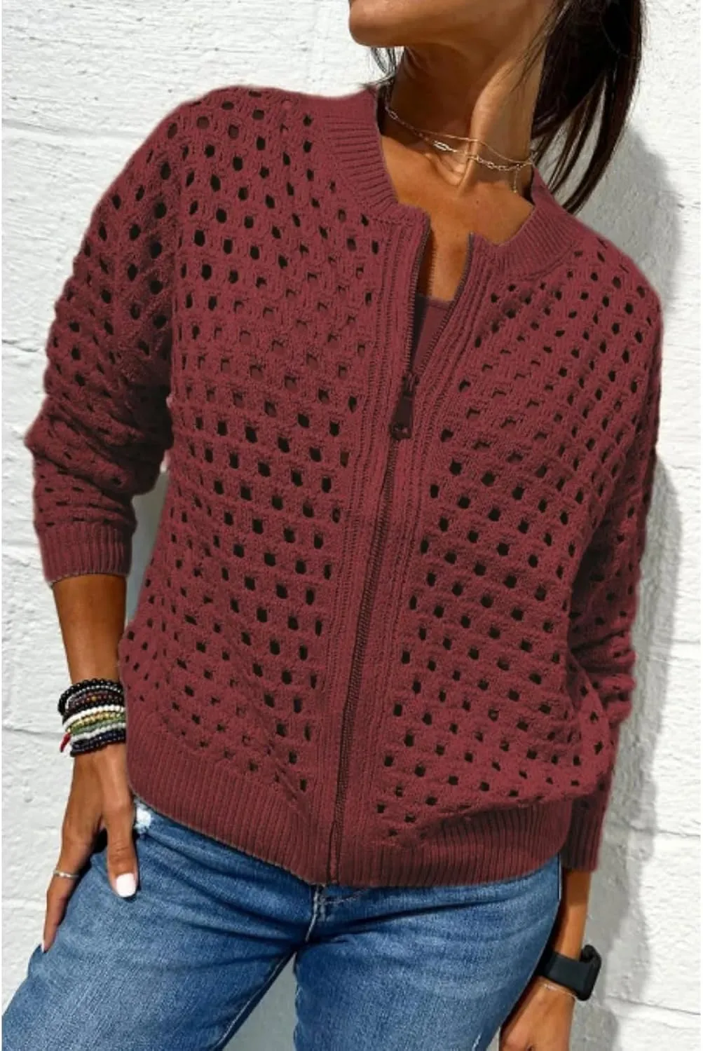 Women's Casual Hollow Knitwear Zipper Jacket,Crochet Jackets for Women Open Front Long Sleeve Cardigan Sweater