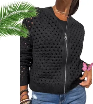 Women's Casual Hollow Knitwear Zipper Jacket,Crochet Jackets for Women Open Front Long Sleeve Cardigan Sweater