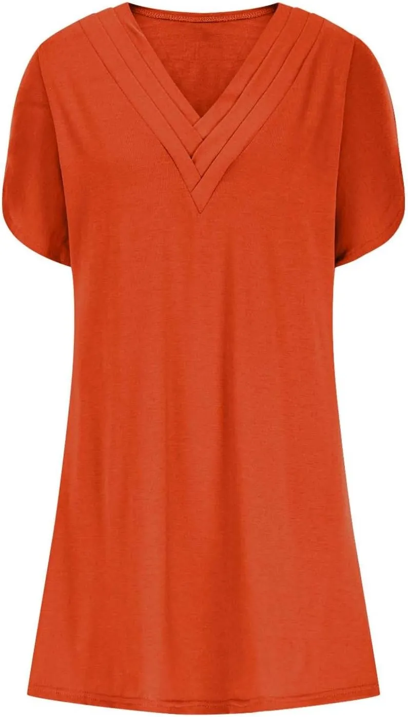 Womens Casual Midi Dress V Neck Short Sleeve Shirt Dress Solid Color Tunic Sundress Summer Beach Outfits Clothes