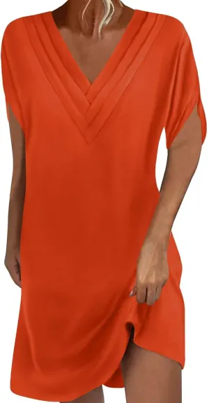 Womens Casual Midi Dress V Neck Short Sleeve Shirt Dress Solid Color Tunic Sundress Summer Beach Outfits Clothes