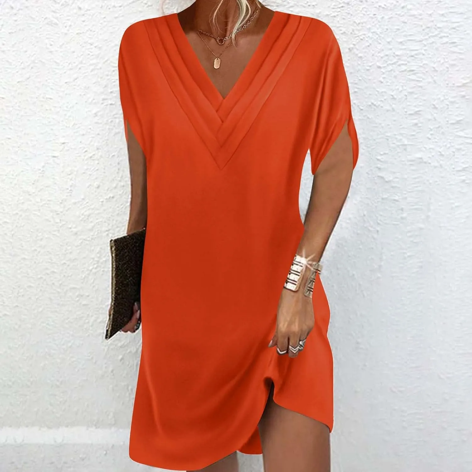 Womens Casual Midi Dress V Neck Short Sleeve Shirt Dress Solid Color Tunic Sundress Summer Beach Outfits Clothes