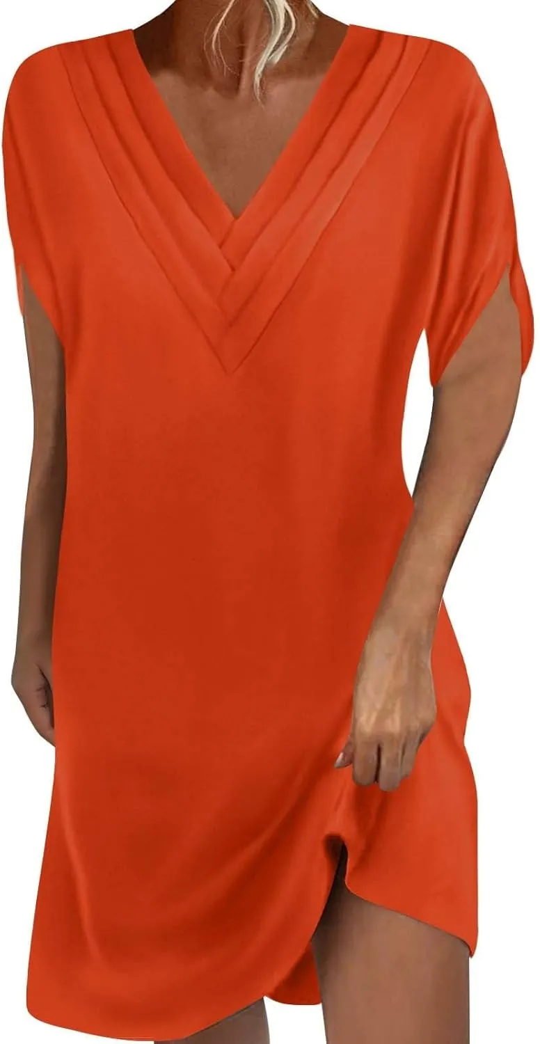 Womens Casual Midi Dress V Neck Short Sleeve Shirt Dress Solid Color Tunic Sundress Summer Beach Outfits Clothes