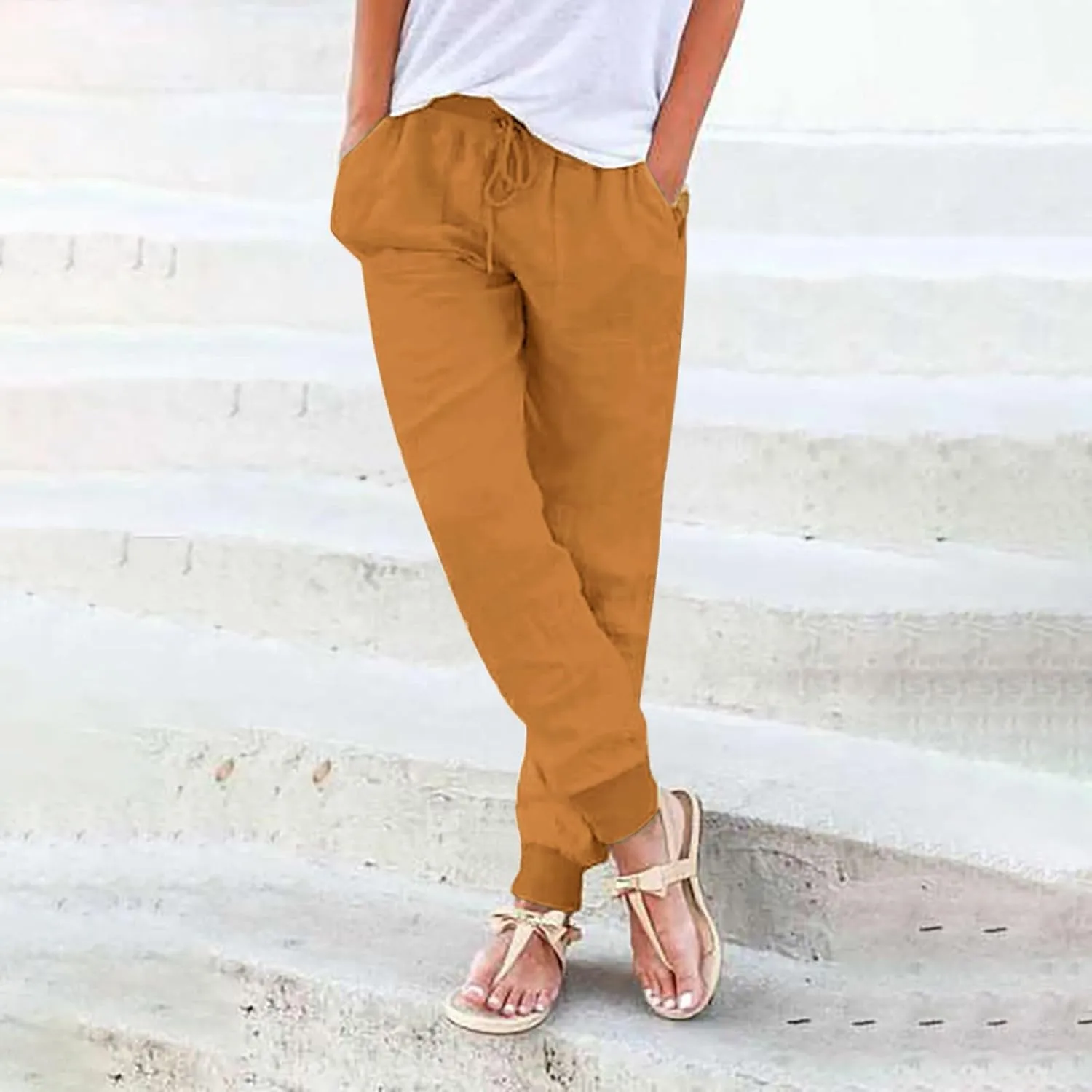 Womens Casual Pants Summer Linen Joggers Straight Leg Comfy Elastic High Waisted Beach Pants Loose Gauze Pants with Pockets