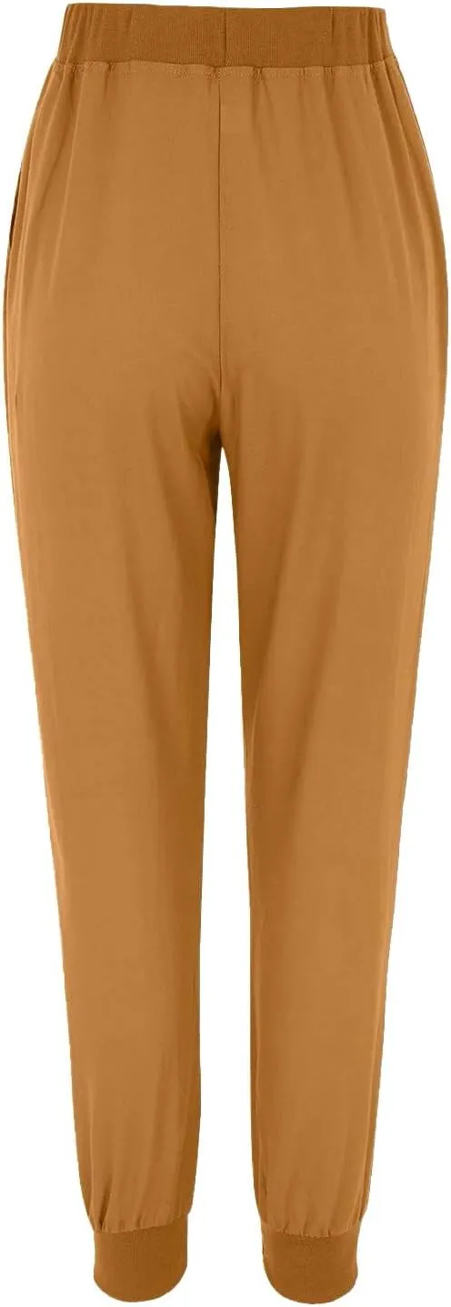 Womens Casual Pants Summer Linen Joggers Straight Leg Comfy Elastic High Waisted Beach Pants Loose Gauze Pants with Pockets