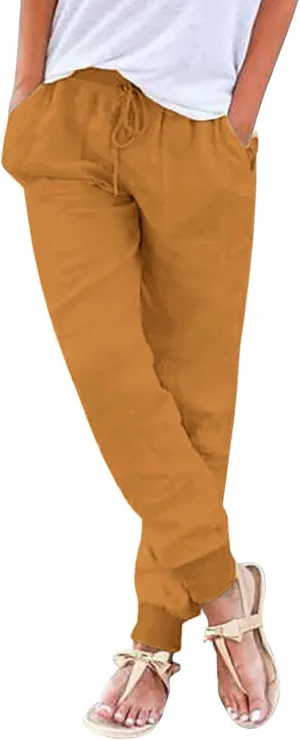Womens Casual Pants Summer Linen Joggers Straight Leg Comfy Elastic High Waisted Beach Pants Loose Gauze Pants with Pockets