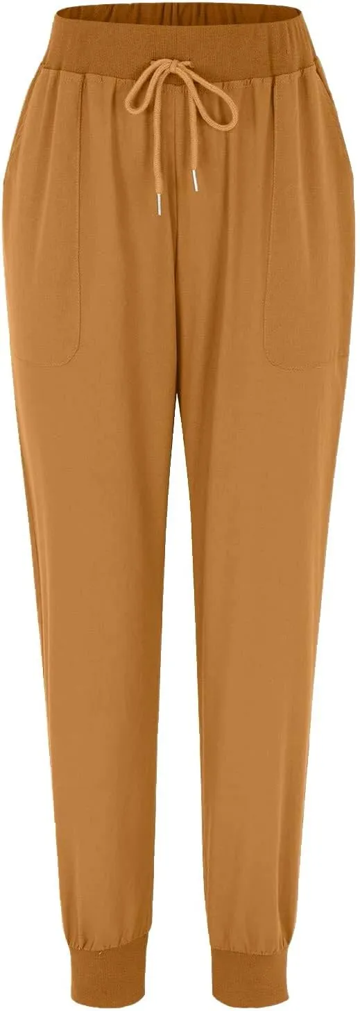 Womens Casual Pants Summer Linen Joggers Straight Leg Comfy Elastic High Waisted Beach Pants Loose Gauze Pants with Pockets
