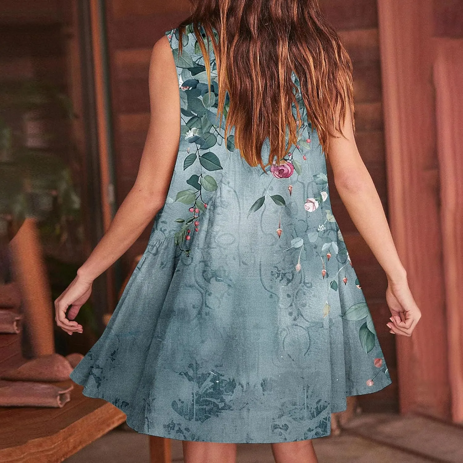 Women's Casual Summer Sundress 2025 Fashion V Neck Short Dress Graphic Print Sleeveless A Line Mini Dress with Pocket