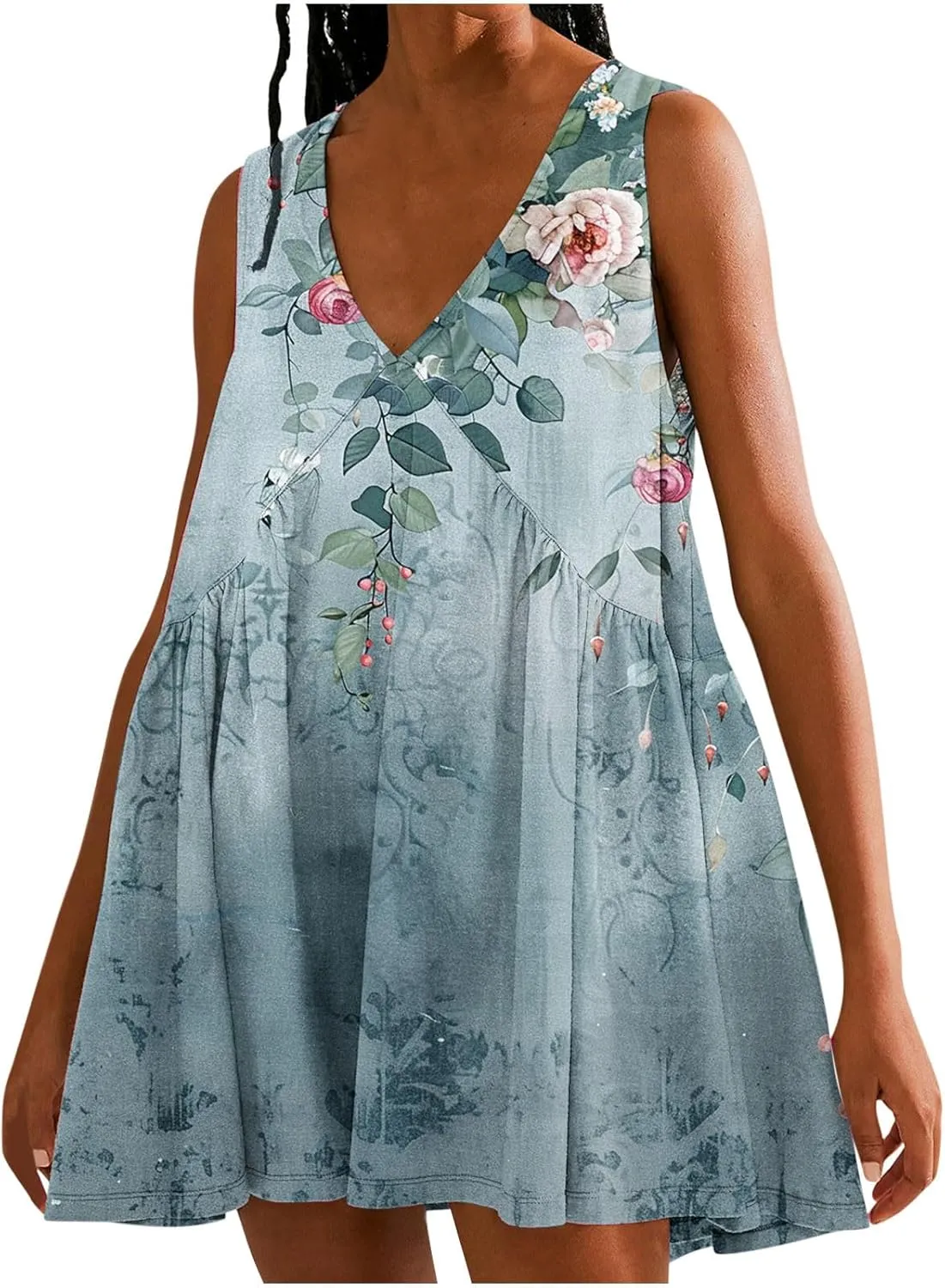 Women's Casual Summer Sundress 2025 Fashion V Neck Short Dress Graphic Print Sleeveless A Line Mini Dress with Pocket