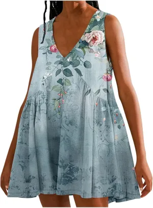 Women's Casual Summer Sundress 2025 Fashion V Neck Short Dress Graphic Print Sleeveless A Line Mini Dress with Pocket