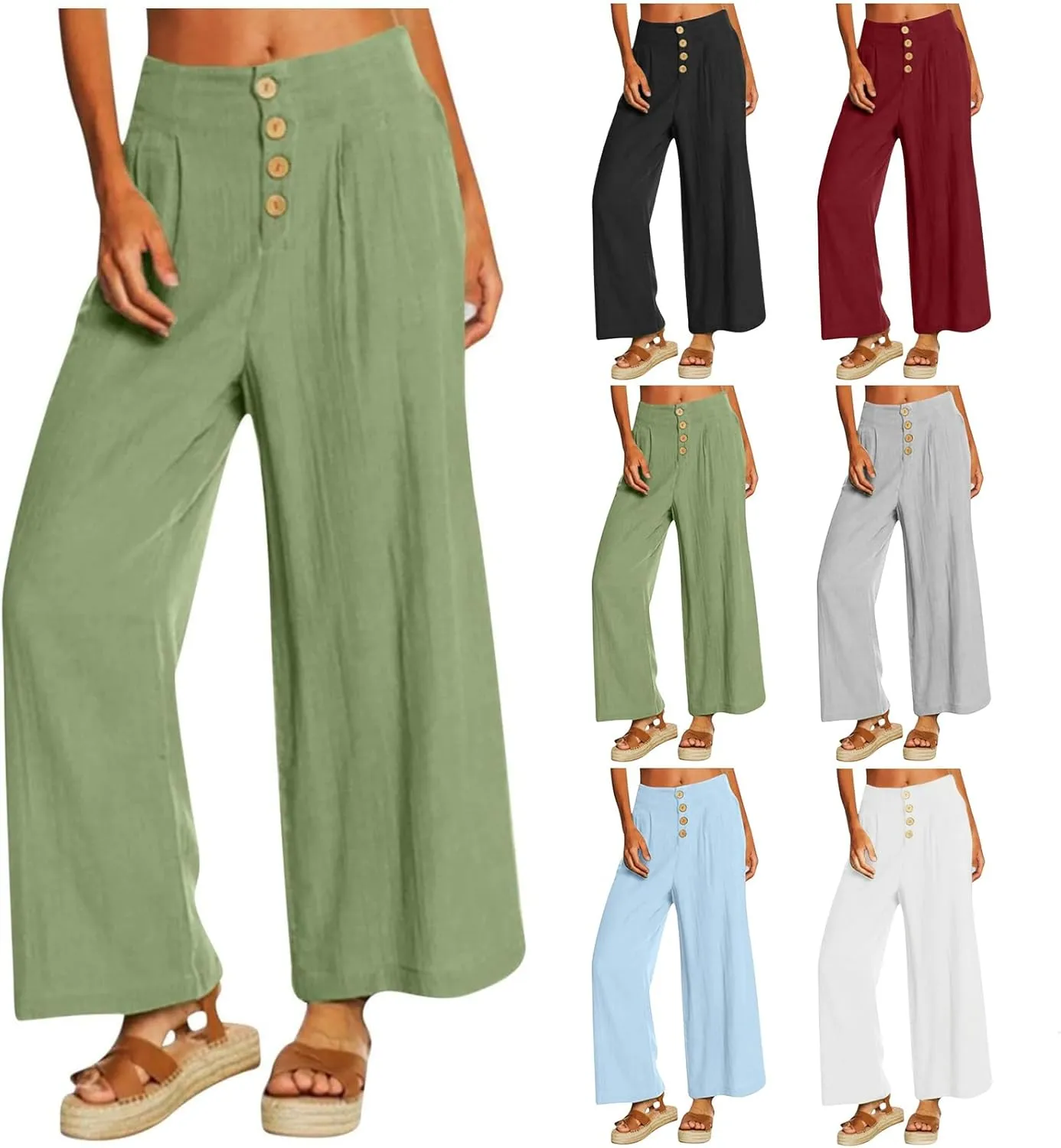 Women's Casual Wide Leg Pants Summer Palazzo Linen High Waist Business Work Trousers Long Lounge Pants