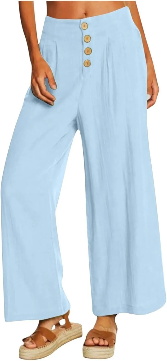 Women's Casual Wide Leg Pants Summer Palazzo Linen High Waist Business Work Trousers Long Lounge Pants