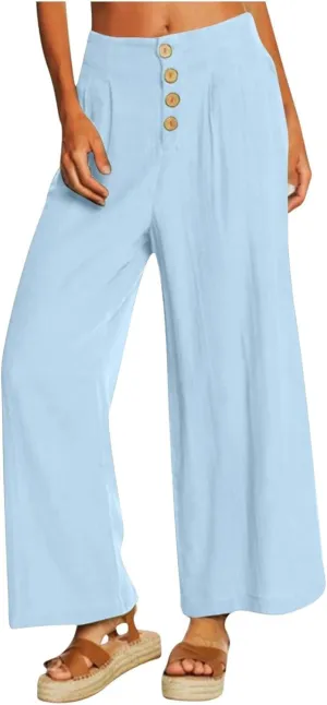 Women's Casual Wide Leg Pants Summer Palazzo Linen High Waist Business Work Trousers Long Lounge Pants