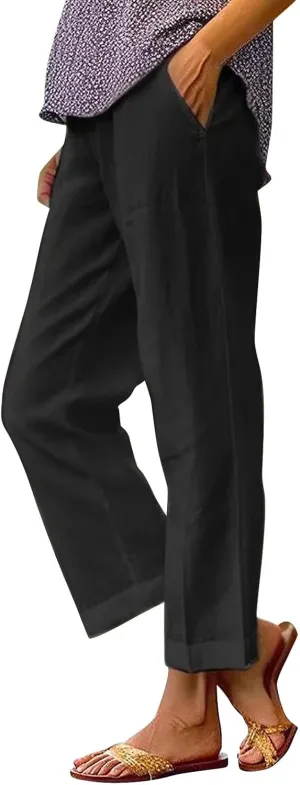 Women's Clothing Solid Elastic Pants Long Drawstring Linen Women Waist Cotton Casual Slacks Business Pants with Pockets