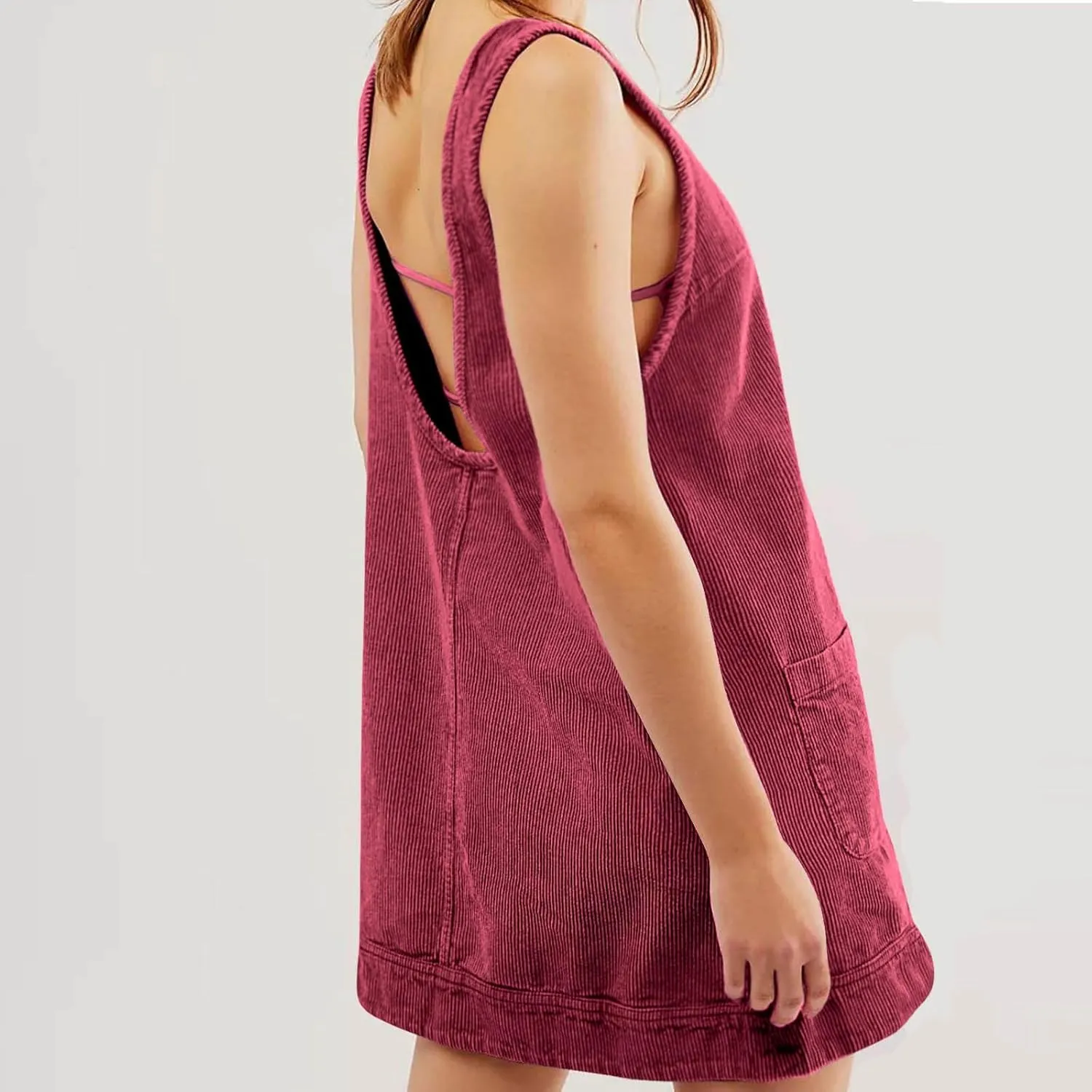 Women's Corduroy Overall Dress 2025 Fashion Round Neck A Line Skirtall Jumper Mini Dress Pinafore with Pockets