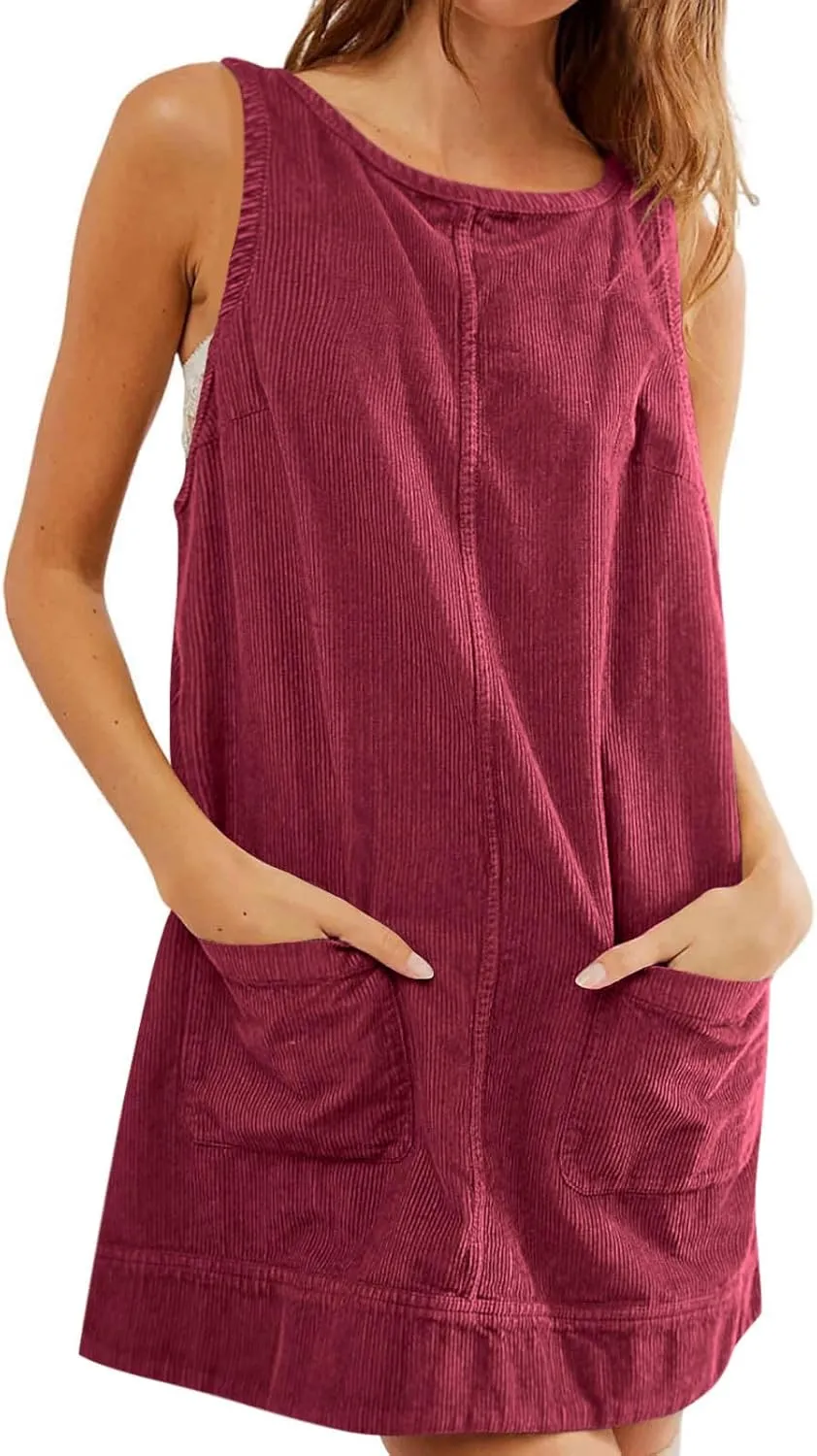 Women's Corduroy Overall Dress 2025 Fashion Round Neck A Line Skirtall Jumper Mini Dress Pinafore with Pockets
