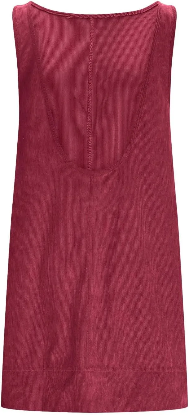 Women's Corduroy Overall Dress 2025 Fashion Round Neck A Line Skirtall Jumper Mini Dress Pinafore with Pockets