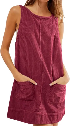 Women's Corduroy Overall Dress 2025 Fashion Round Neck A Line Skirtall Jumper Mini Dress Pinafore with Pockets