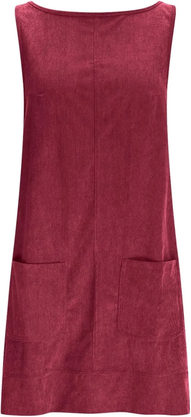 Women's Corduroy Overall Dress 2025 Fashion Round Neck A Line Skirtall Jumper Mini Dress Pinafore with Pockets
