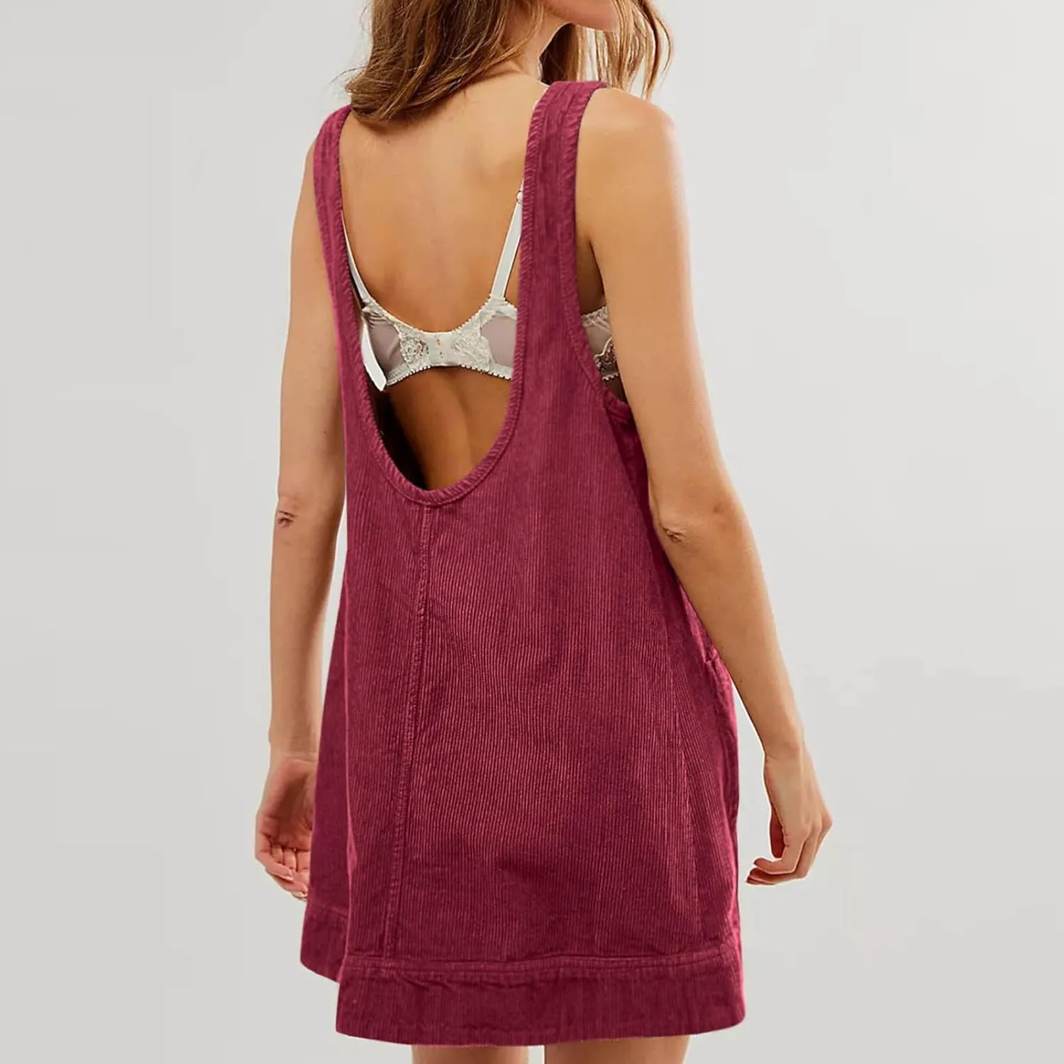 Women's Corduroy Overall Dress 2025 Fashion Round Neck A Line Skirtall Jumper Mini Dress Pinafore with Pockets