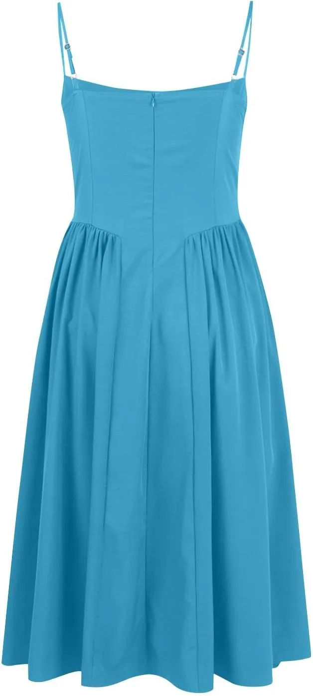 Womens Corset Dress Elegant Spaghetti Strap Bustier Midi Dresses Flowy Pleated Hem Low Cut Prom Skirts with Pockets